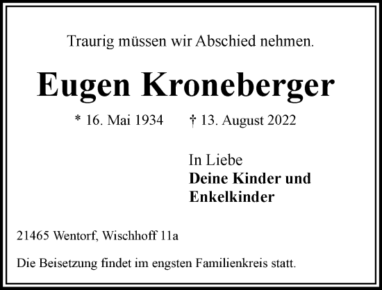 Traueranzeige von Eugen Kroneberger von Bille Wochenblatt