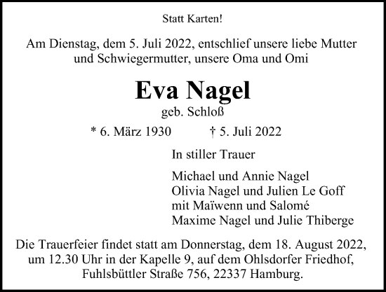 Traueranzeige von Eva Nagel von Hamburger Abendblatt