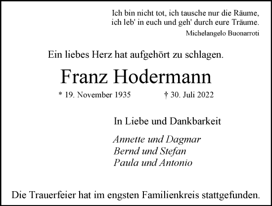 Traueranzeige von Franz Hodermann von Hamburger Abendblatt
