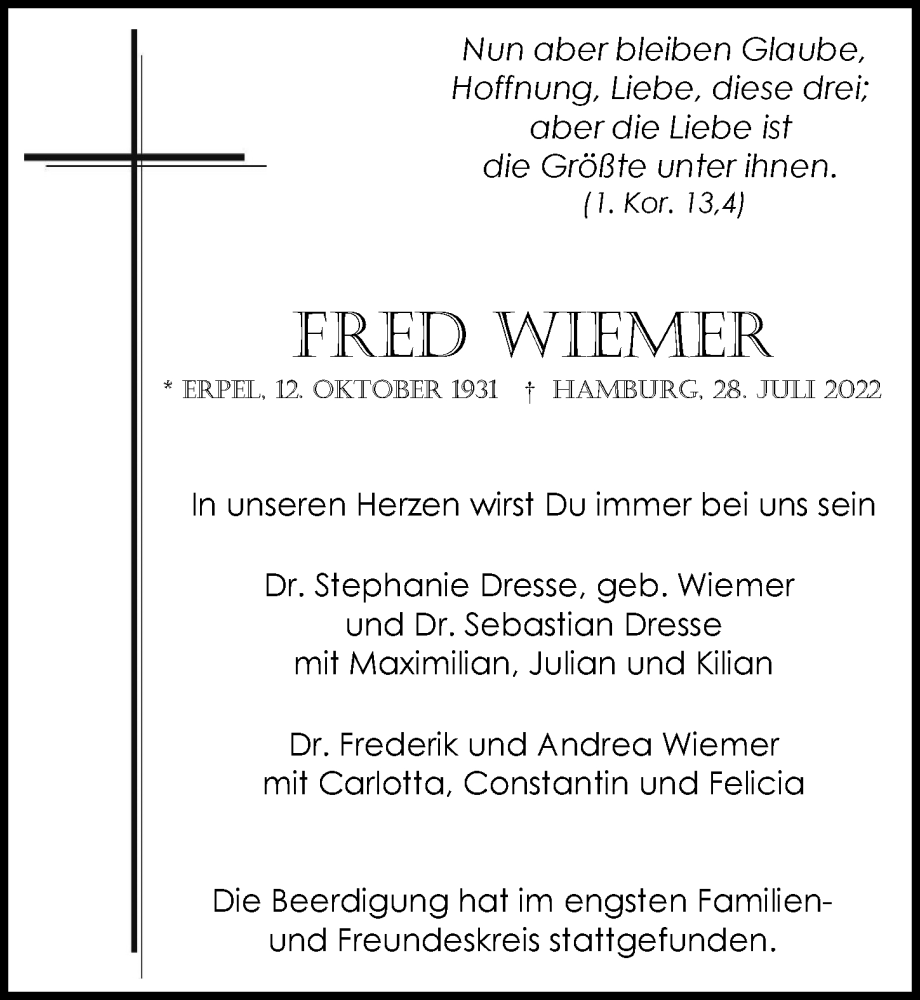  Traueranzeige für Fred Wiemer vom 06.08.2022 aus Hamburger Abendblatt