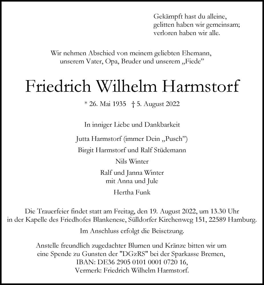  Traueranzeige für Friedrich Wilhelm Harmstorf vom 13.08.2022 aus Hamburger Abendblatt
