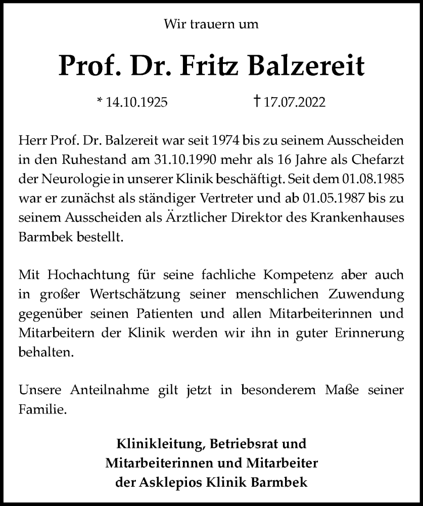  Traueranzeige für Fritz Balzereit vom 06.08.2022 aus Hamburger Abendblatt