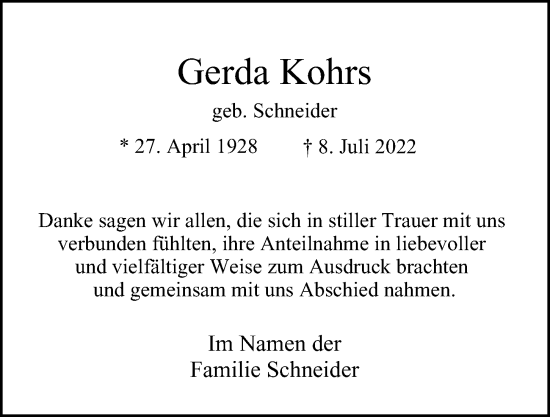 Traueranzeige von Gerda Kohrs von Hamburger Abendblatt