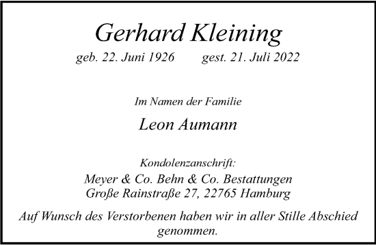 Traueranzeige von Gerhard Kleining von Hamburger Abendblatt