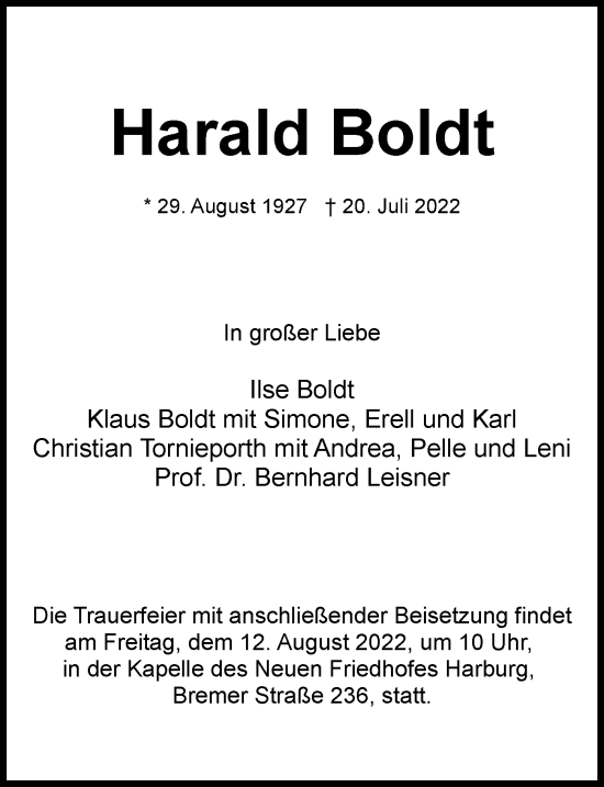 Traueranzeige von Harald Boldt von Hamburger Abendblatt