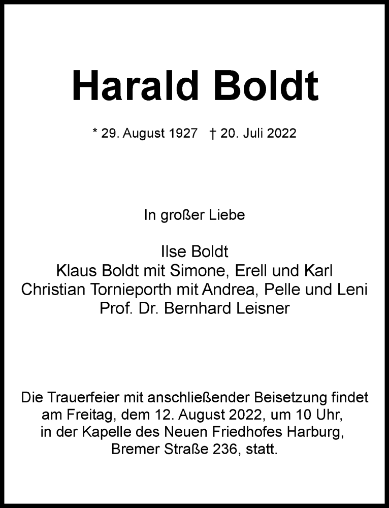  Traueranzeige für Harald Boldt vom 06.08.2022 aus Hamburger Abendblatt