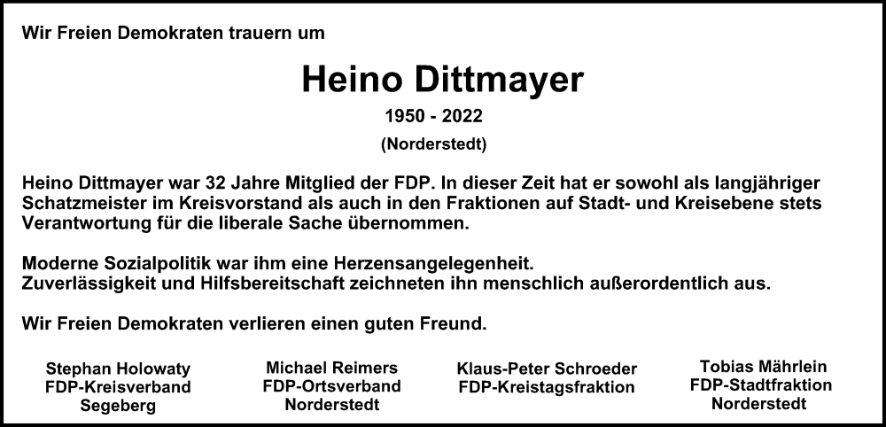  Traueranzeige für Heino Dittmayer vom 06.08.2022 aus HA Regio Norderstedt