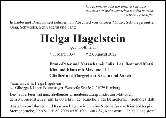 Traueranzeige von Helga Hagelstein von Bille Wochenblatt, Bergedorfer Zeitung