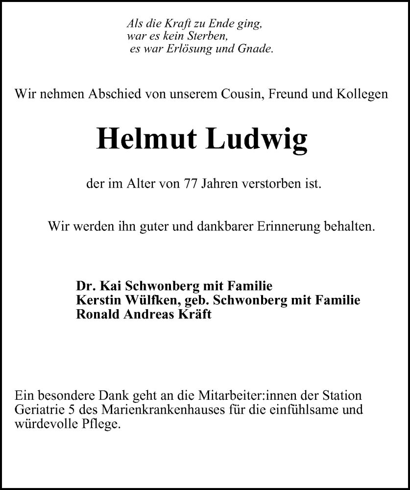  Traueranzeige für Helmut Ludwig vom 06.08.2022 aus Hamburger Abendblatt