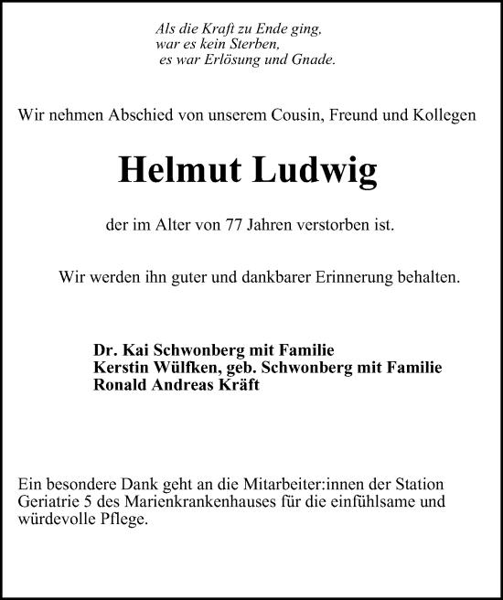 Traueranzeige von Helmut Ludwig von Hamburger Abendblatt
