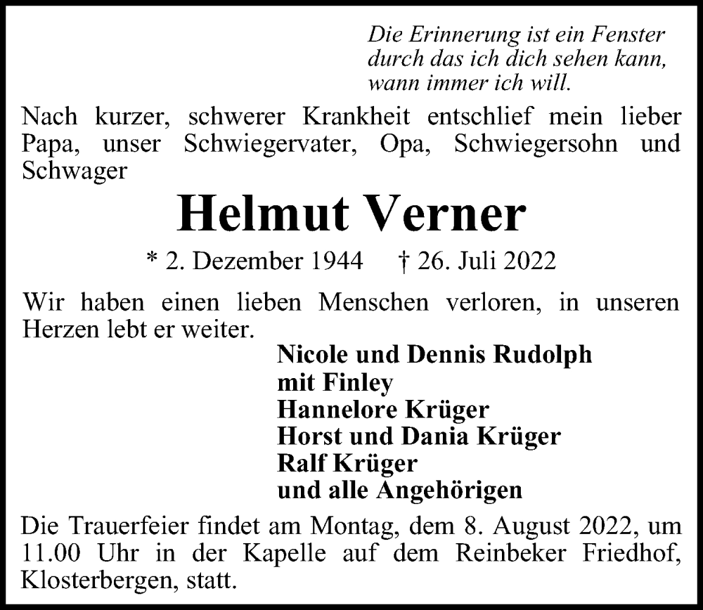  Traueranzeige für Helmut Verner vom 06.08.2022 aus Bille Wochenblatt, Bergedorfer Zeitung