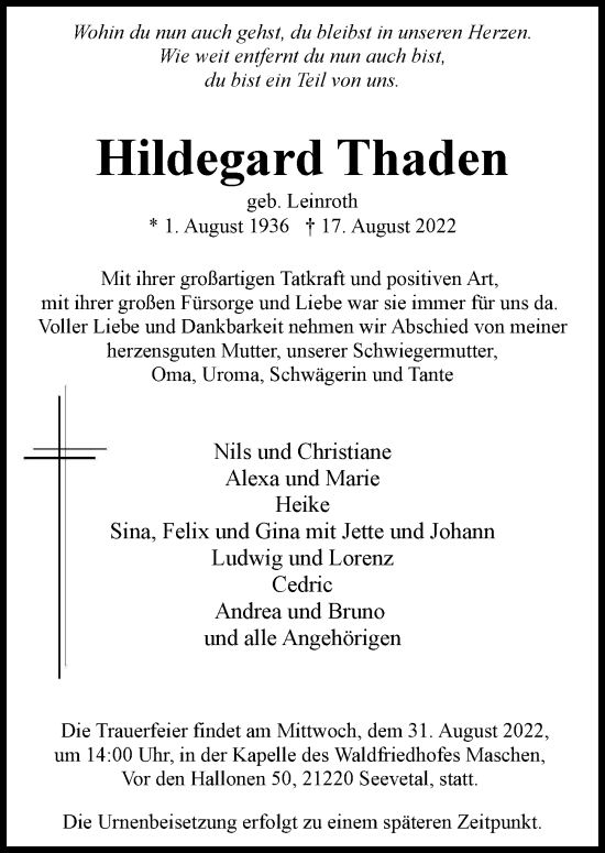 Traueranzeige von Hildegard Thaden von Hamburger Abendblatt