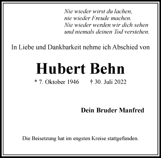 Traueranzeige von Hubert Behn von Bille Wochenblatt, Bergedorfer Zeitung