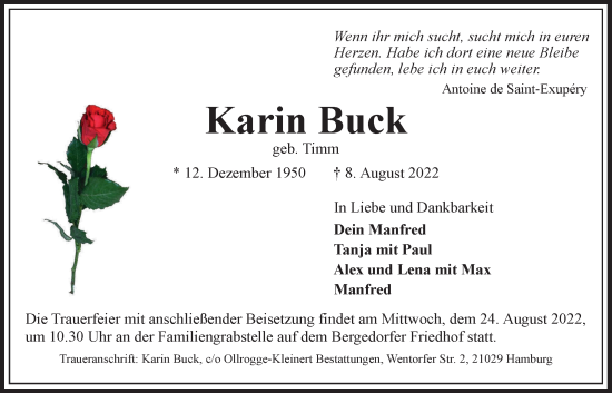 Traueranzeige von Karin Buck von Bergedorfer Zeitung