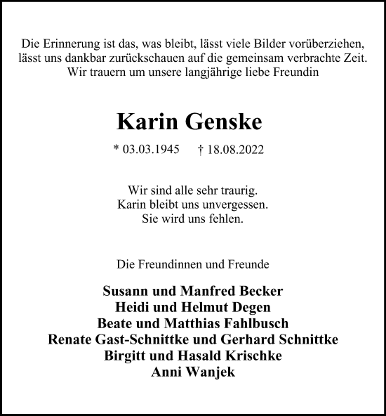 Traueranzeige von Karin Genske von Hamburger Abendblatt
