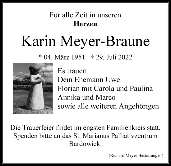 Traueranzeige von Karin Meyer-Braune von Bergedorfer Zeitung