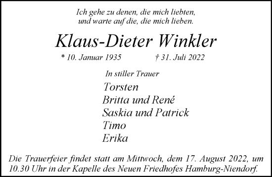 Traueranzeige von Klaus-Dieter Winkler von Niendorfer Wochenblatt