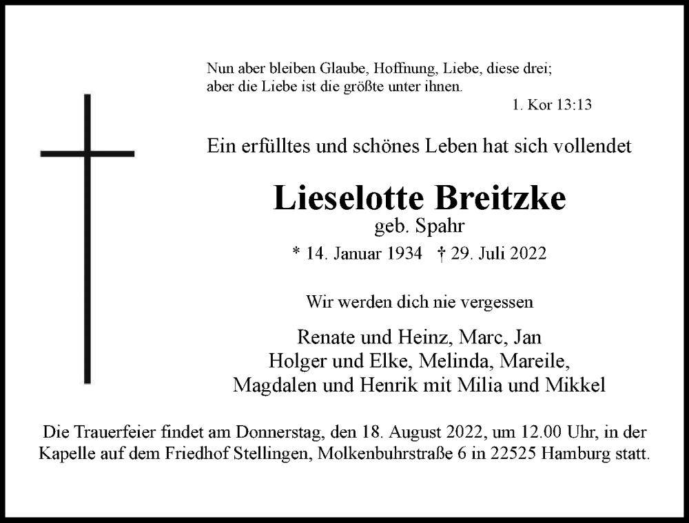  Traueranzeige für Lieselotte Breitzke vom 06.08.2022 aus Hamburger Abendblatt