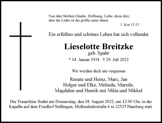 Traueranzeige von Lieselotte Breitzke von Hamburger Abendblatt