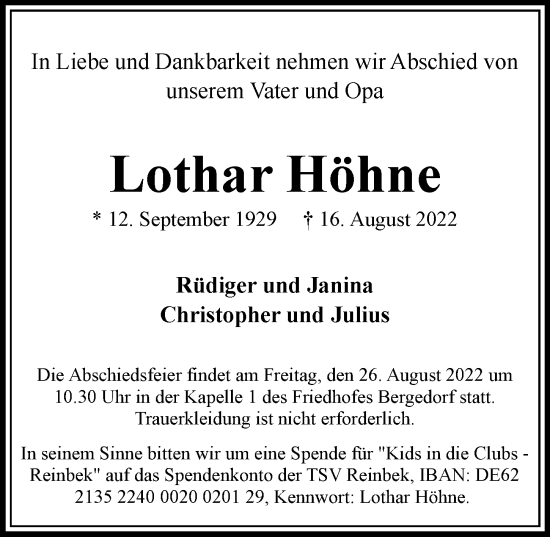 Traueranzeige von Lothar Höhne von Bergedorfer Zeitung