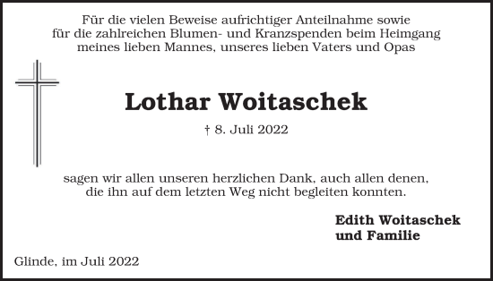 Traueranzeige von Lothar Woitaschek von Glinder Zeitung