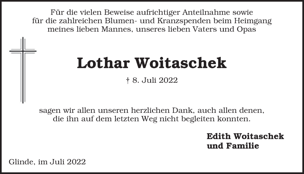  Traueranzeige für Lothar Woitaschek vom 06.08.2022 aus Bergedorfer Zeitung
