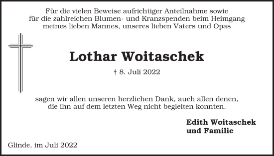 Traueranzeige von Lothar Woitaschek von Bergedorfer Zeitung