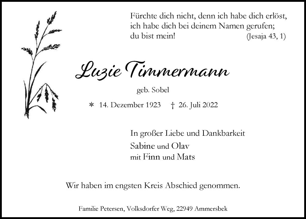  Traueranzeige für Luzie Timmermann vom 06.08.2022 aus Hamburger Abendblatt