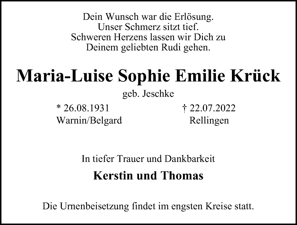  Traueranzeige für Maria-Luise Sophie Emilie Krück vom 06.08.2022 aus Hamburger Abendblatt