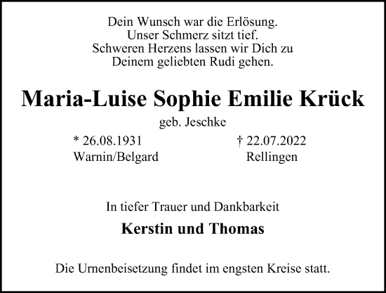 Traueranzeige von Maria-Luise Sophie Emilie Krück von Hamburger Abendblatt