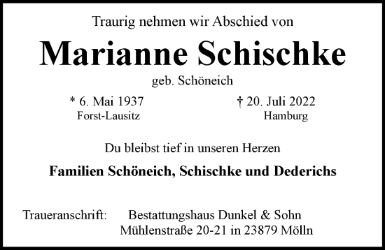 Traueranzeige von Marianne Schischke von Hamburger Abendblatt