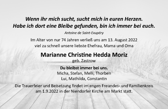 Traueranzeige von Marianne Christine Hedda Moriz von Hamburger Abendblatt, Niendorfer Wochenblatt