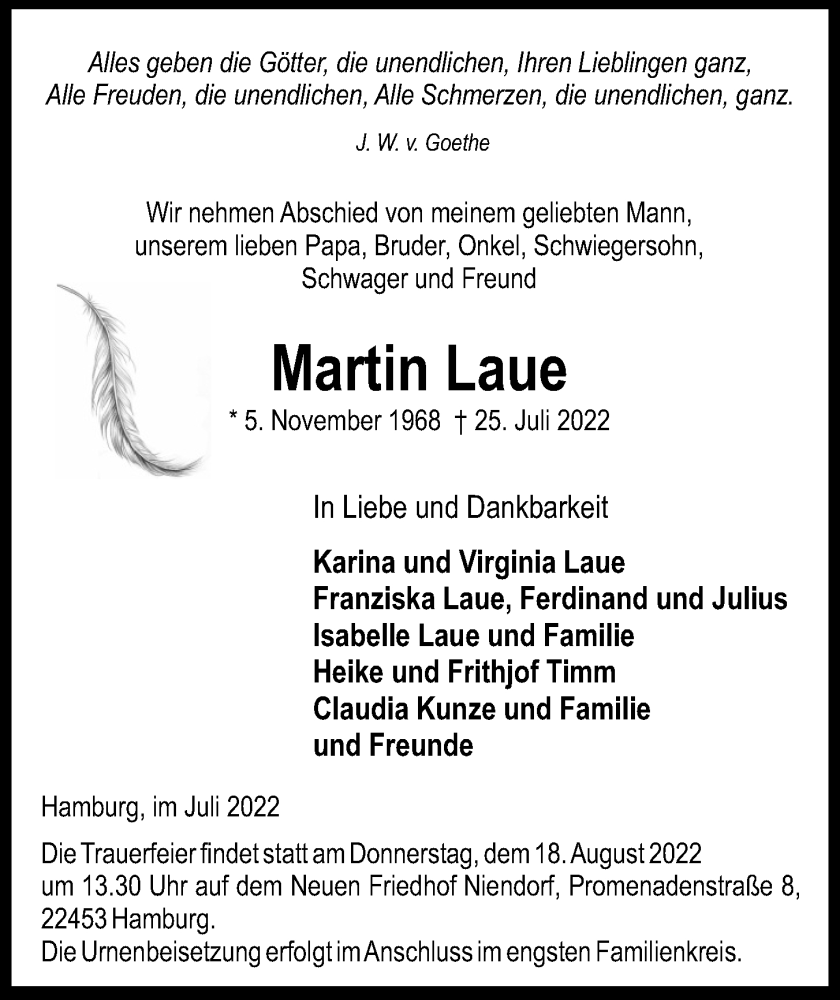  Traueranzeige für Martin Laue vom 06.08.2022 aus Niendorfer Wochenblatt