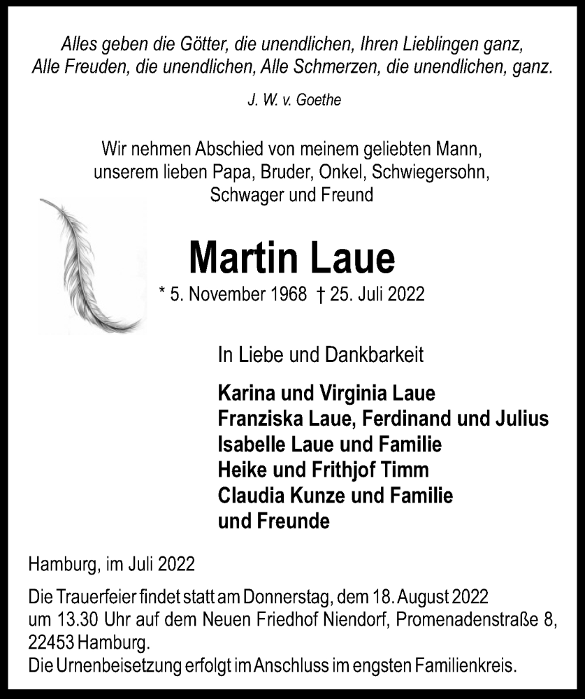  Traueranzeige für Martin Laue vom 06.08.2022 aus Hamburger Abendblatt