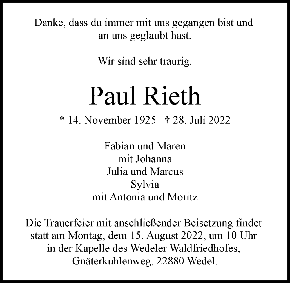  Traueranzeige für Paul Rieth vom 06.08.2022 aus Hamburger Abendblatt