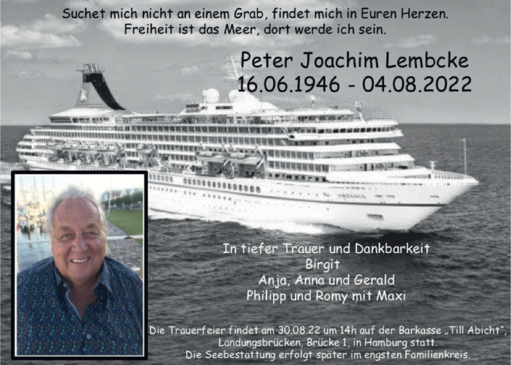  Traueranzeige für Peter Joachim Lembcke vom 20.08.2022 aus Hamburger Abendblatt