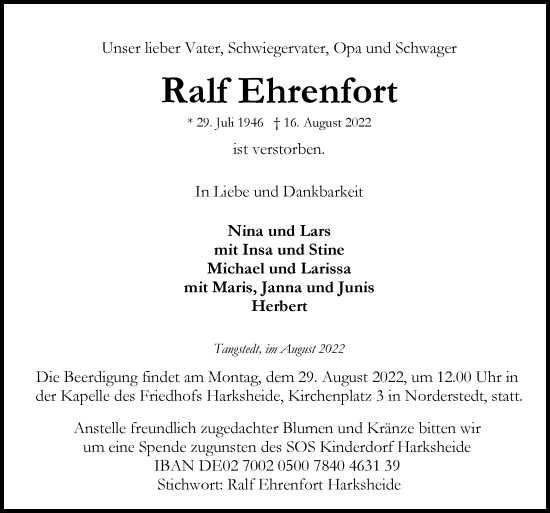 Traueranzeige von Ralf Ehrenfort von Hamburger Abendblatt