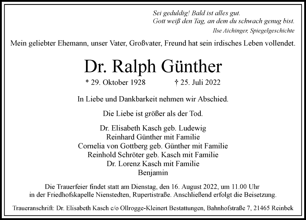  Traueranzeige für Ralph Günther vom 06.08.2022 aus Hamburger Abendblatt