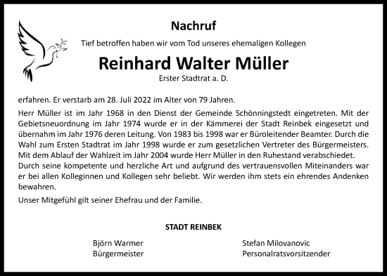 Traueranzeige von Reinhard Walter Müller von Bergedorfer Zeitung