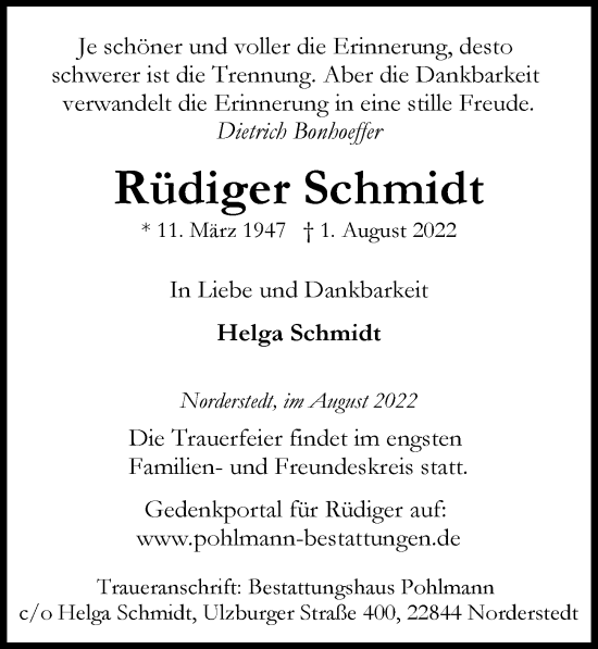 Traueranzeige von Rüdiger Schmidt von Hamburger Abendblatt