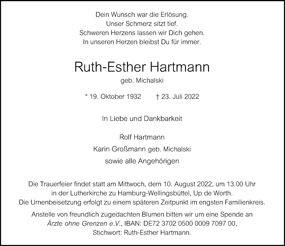  Traueranzeige für Ruth-Esther Hartmann vom 06.08.2022 aus Hamburger Abendblatt