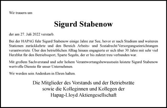 Traueranzeige von Sigurd Stabenow von Hamburger Abendblatt