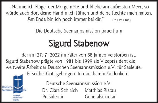 Traueranzeige von Sigurd Stabenow von Hamburger Abendblatt