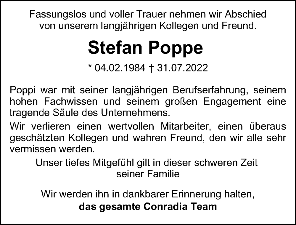  Traueranzeige für Stefan Poppe vom 06.08.2022 aus Bergedorfer Zeitung