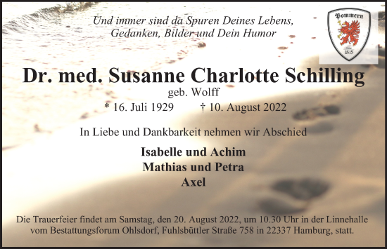 Traueranzeige von Susanne Charlotte Schilling von Hamburger Abendblatt