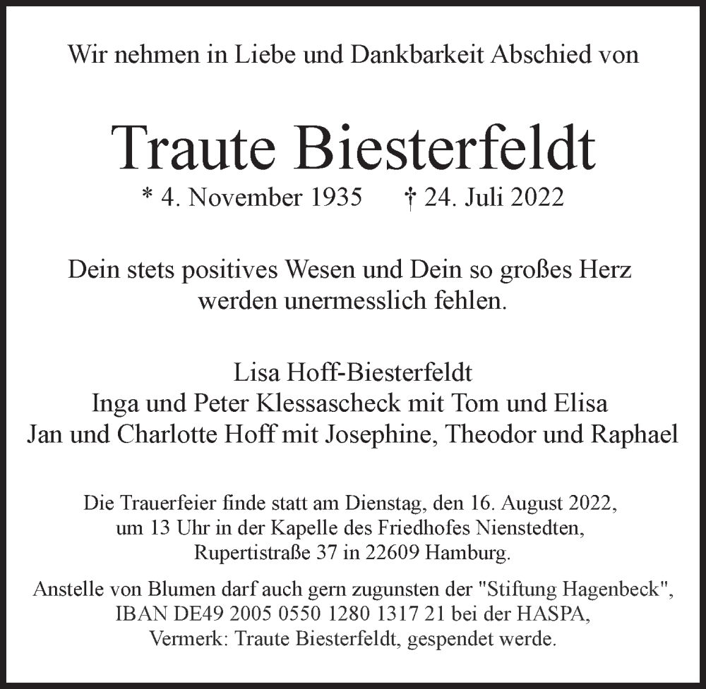  Traueranzeige für Traute Biesterfeldt vom 06.08.2022 aus Hamburger Abendblatt
