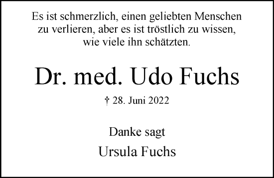 Traueranzeige von Udo Fuchs von Niendorfer Wochenblatt