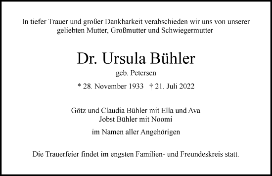 Traueranzeige von Ursula Bühler von Hamburger Abendblatt