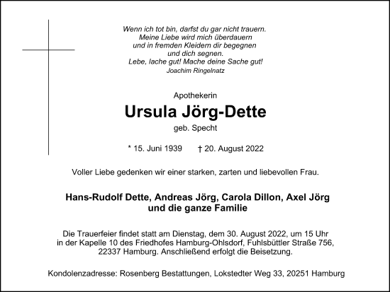 Traueranzeige von Ursula Jörg-Dette von Hamburger Abendblatt