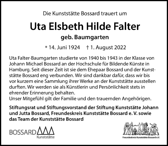 Traueranzeige von Uta Elsbeth Hilde Falter von Hamburger Abendblatt